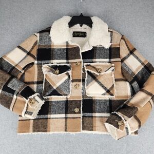 Spoon Jeans Shacket Women S Tan Plaid Sherpa Lined Cropped Button Front Jacket‎